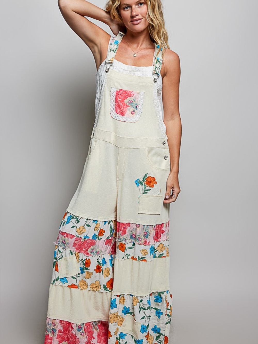 Cream Floral Patchwork Wide-Leg Overalls - Picture 6 of 12